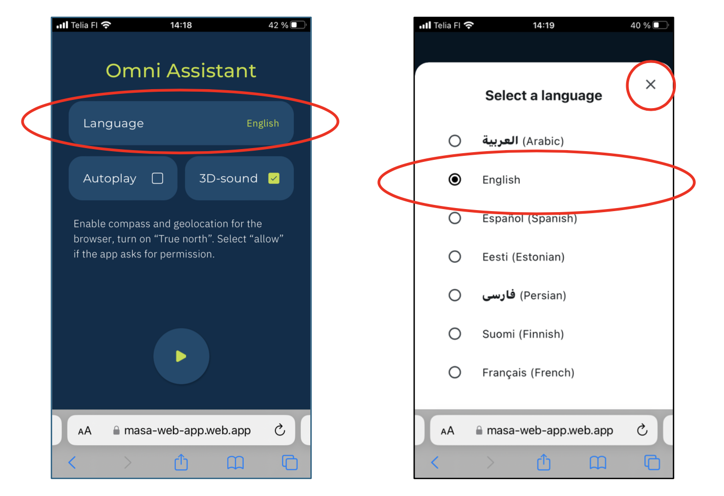 Language and audio settings